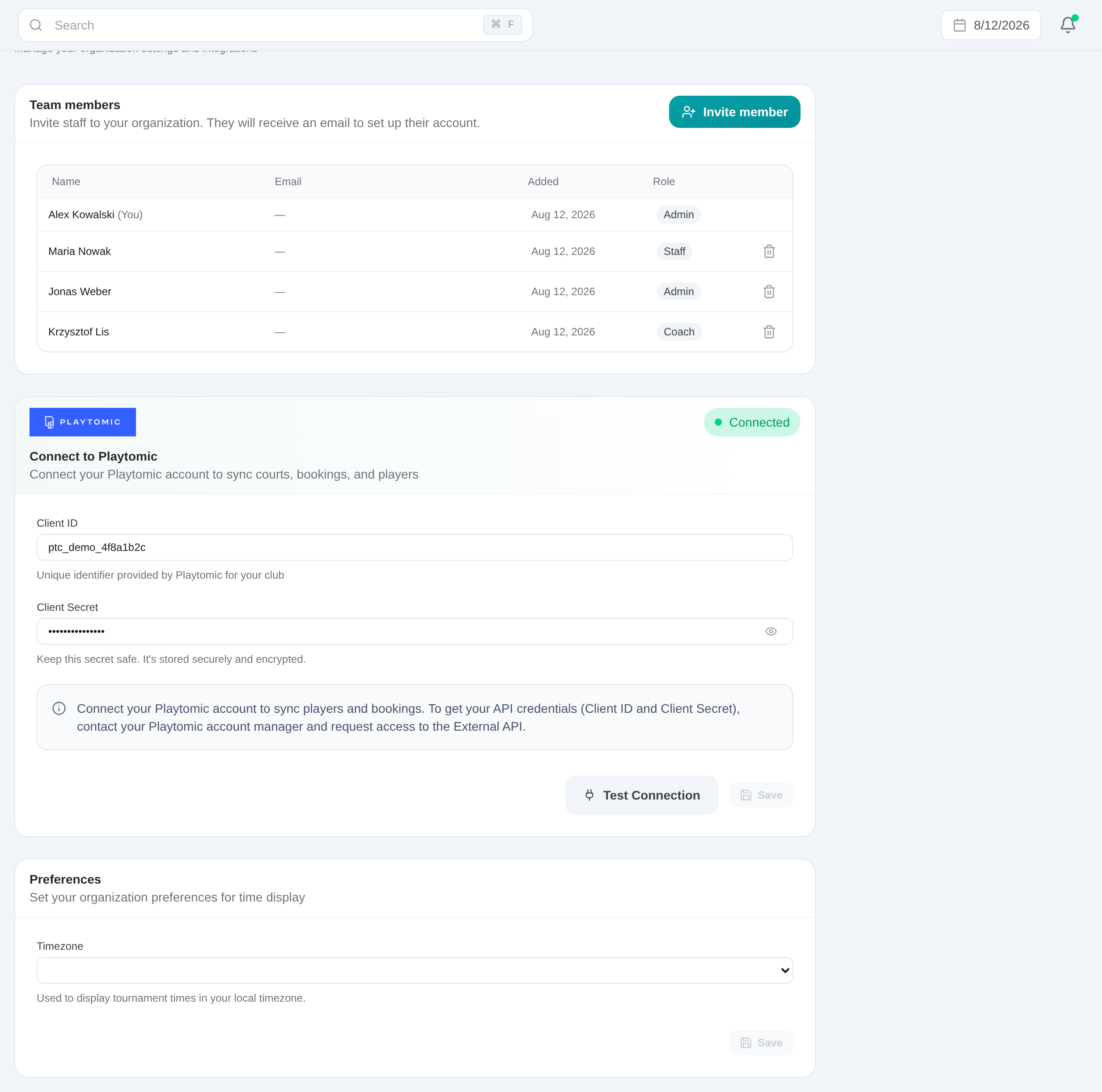 Backclub Settings screen for connecting and testing Playtomic